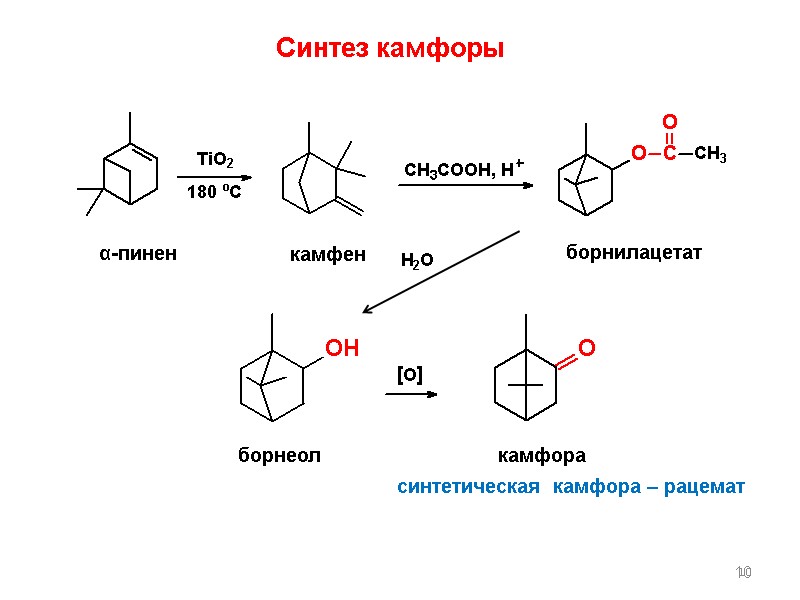 10 Синтез камфоры α-пинен камфен борнилацетат борнеол камфора 10 синтетическая  камфора – рацемат
